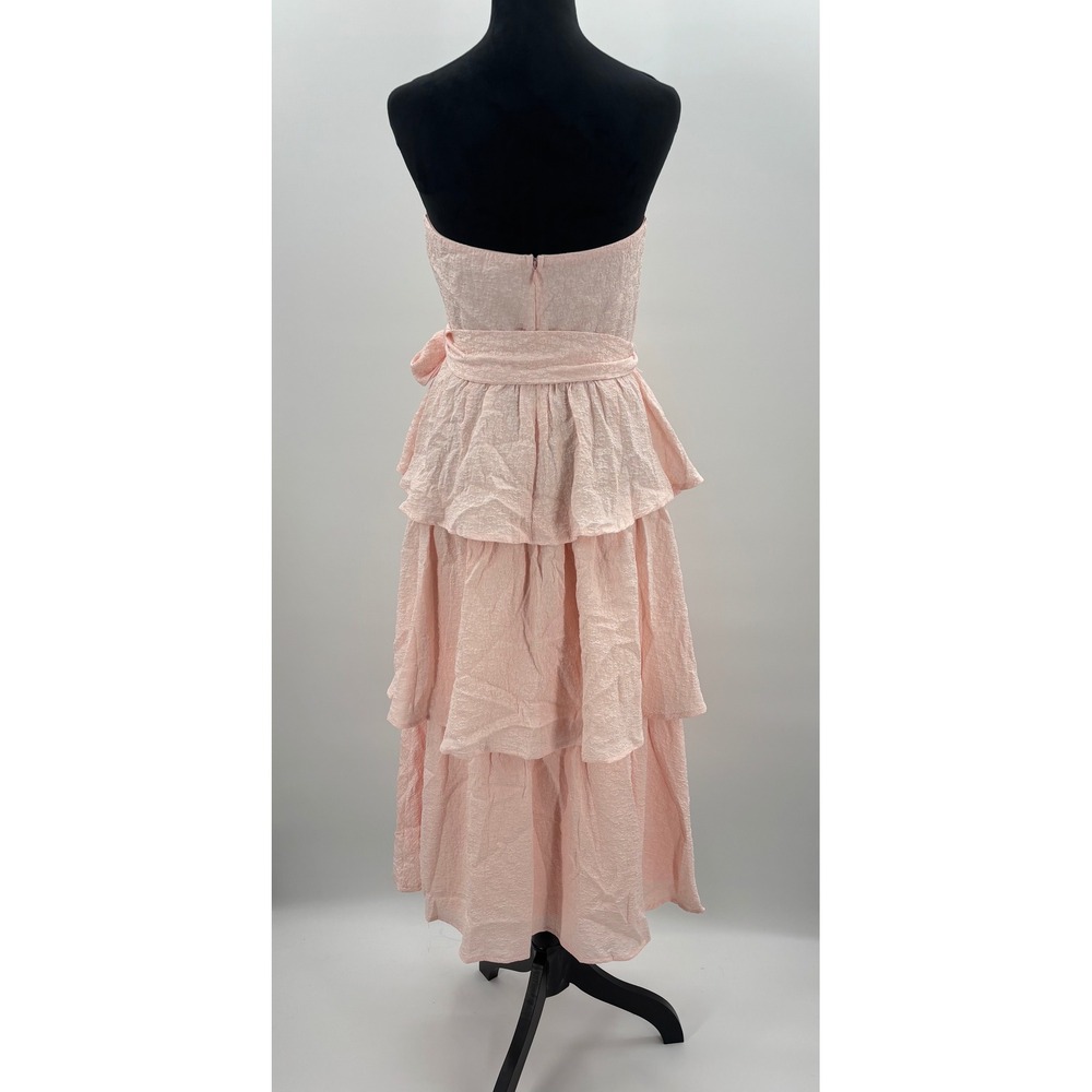 Lulus Truly Marvelous Pink Jacquard Strapless Tiered Midi Dress Bow Belt Size M - Picture 7 of 12
